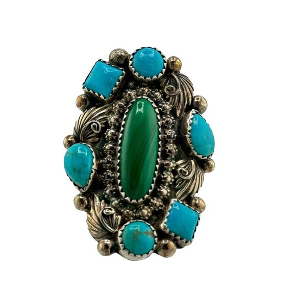 Sterling Silver Richard Begay Native American Turquoise Malachite Ring Sz.11 - Picture 2 of 11